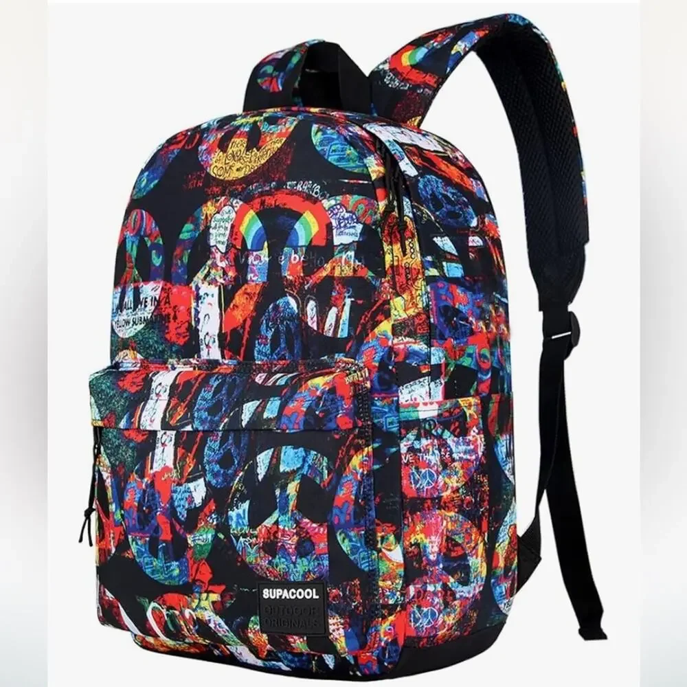 NWOT Laptop Backpack School USB Charging Port, Lightweight, Peace Graphic Unisex